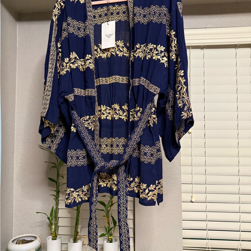 Hale Bob Midnight Blue and Gold Embroidered Blouse size large. NWT